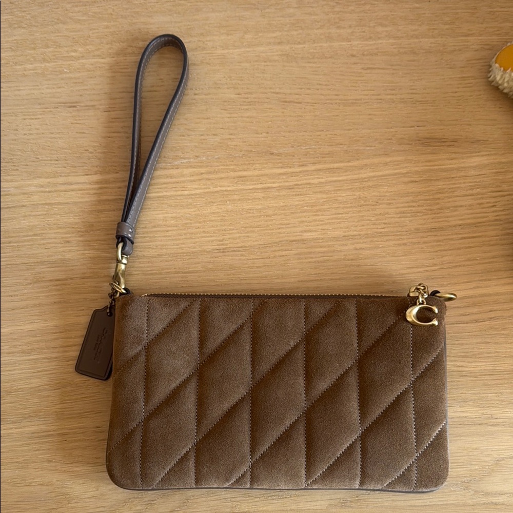 Coach Pouch Bag Brown Suede Quilted Wristlet Clutch